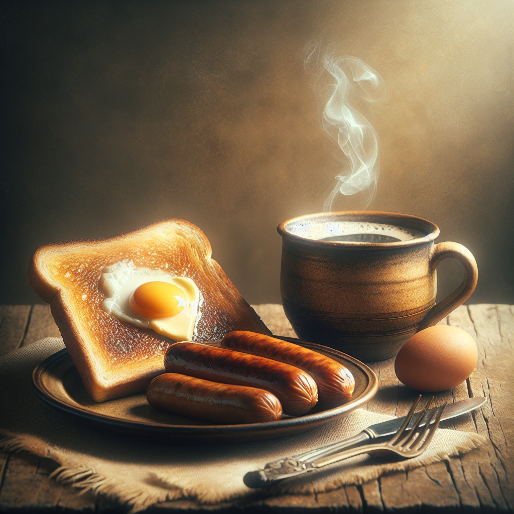 A Morning Ritual: Toasted Wheat Bread, Sausages, Egg and Coffee